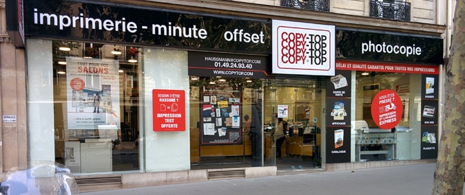 Vitrine imprimeur COPY-TOP Paris | agence Haussmann - Miromesnil