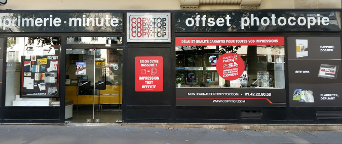 Vitrine imprimeur COPY-TOP Paris | agence Montparnasse