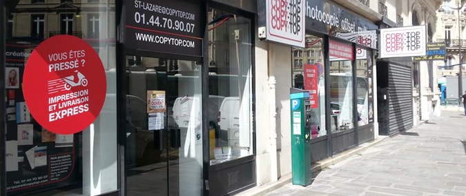Vitrine imprimeur COPY-TOP Paris | agence Saint-Lazare - Rome